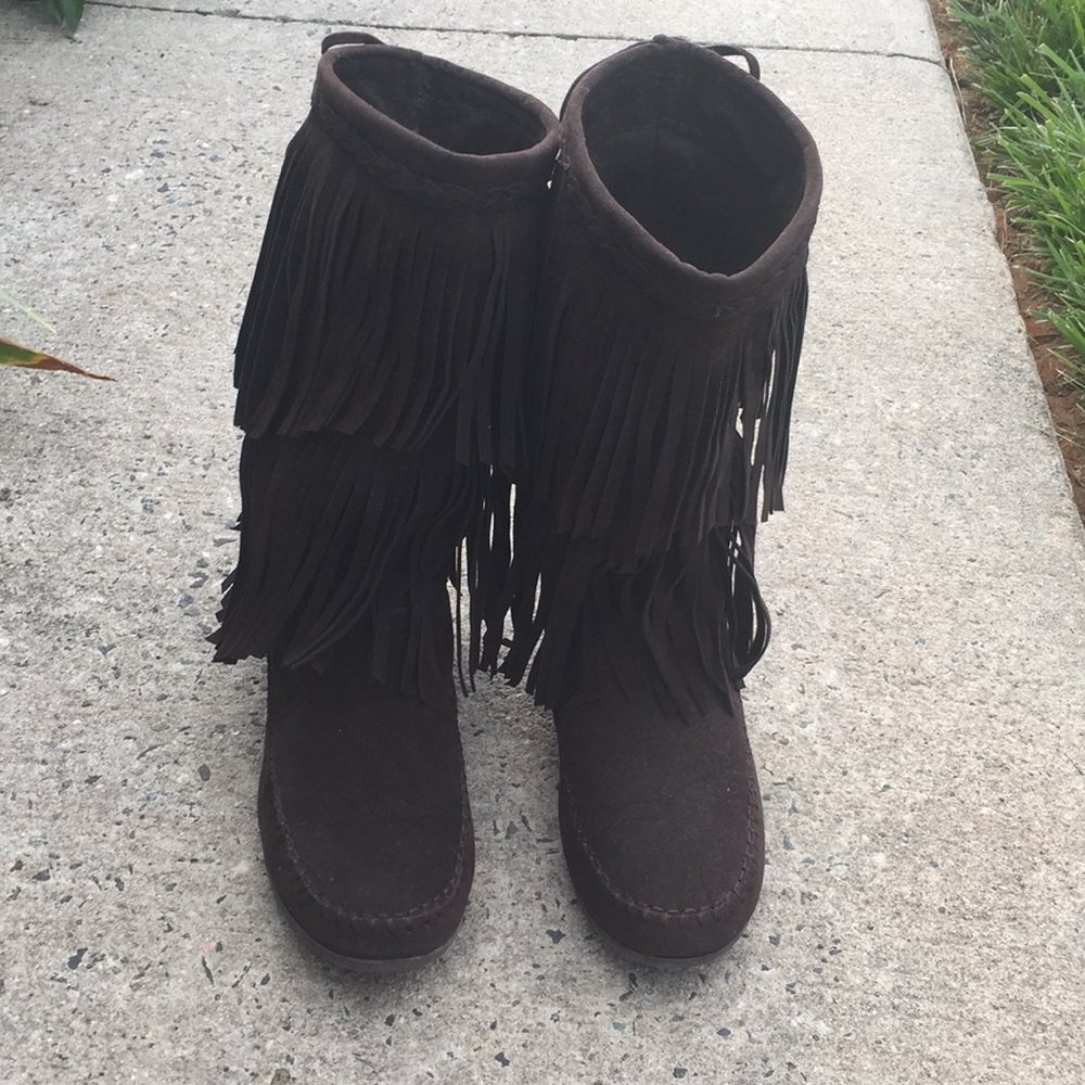 Rampage Suede Brown Fringe Moccasin Boots